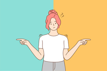 Choice, thinking, doubt, problem concept. Young pensive thoughtful confused doubtful woman girl cartoon character standing and choosing between two colors or ways pointing in other sides illustration.