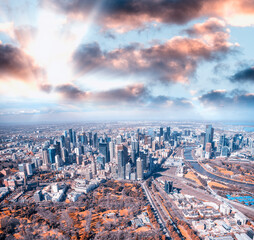 Canvas Print - Melbourne City Aerial View Panorama Skyline Cityscape. Fitzroy Gardens, Federation Square, Princes Bridge on Yarra River from helicopter