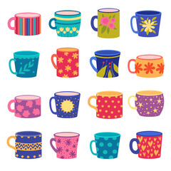 Poster - Ornaments cup. Trendy handy crafted colored cups with floral and geometrical textures drawn vector set. Illustration cup for coffee and tea with colored pattern