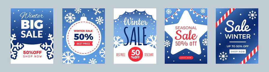 Wall Mural - Winter sale flyers. Promo cards, season discount banners. Christmas or New Year shopping banners vector set. Illustration holiday promo template card, seasonal discount