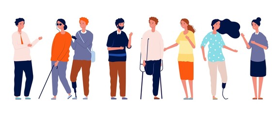 Sticker - People together. Different person characters, socialization of disabled man woman. Crowd friends vector concept. Illustration disability and handicapped society