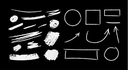 Wall Mural - vector chalk drawings isolated on black background, white chalk, circles, arrows, blak frames, set.