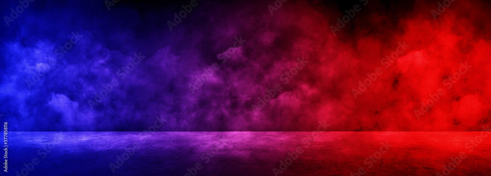 Empty space of Studio dark room with fog or mist and lighting effect red and blue on concrete floor gradient background. - obrazy, fototapety, plakaty 