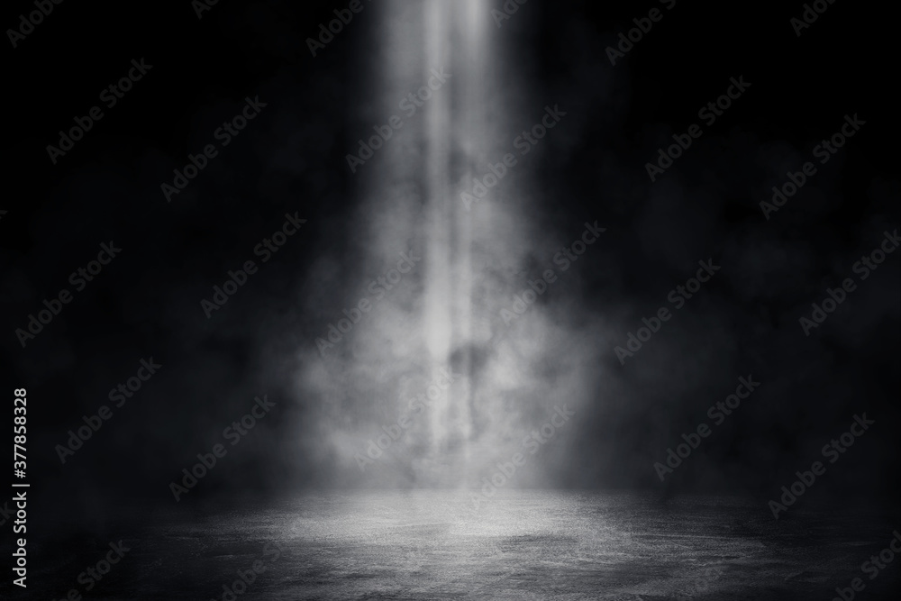 Empty space of Studio dark room with spot lighting and fog or mist on concrete floor in black background.  - obrazy, fototapety, plakaty 