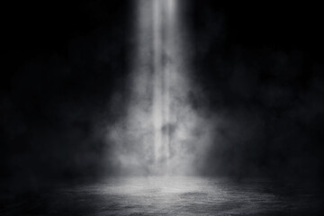 empty space of studio dark room with spot lighting and fog or mist on concrete floor in black backgr