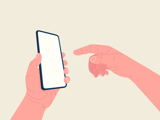 Poster - one hand holds a smartphone and the other touches the screen. mockup for your text, app. vector illu