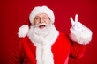 © deagreez - Portrait of crazy stylish santa claus enjoy x-mas christmas make v-sign wear red costume cap white gloves isolated over bright shine color background