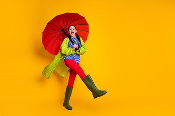 Canvas Print - Full length body size view of her she nice attractive pretty funky cheerful girl wearing green coat gums parasol having fun going isolated bright vivid shine vibrant yellow color background