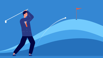 Poster - Successful business hitting. Target accuracy, businessman hits golf ball. Objective achievement metaphor, leadership strategy vector concept. Businessman pley golf, hobby activity manager illustration