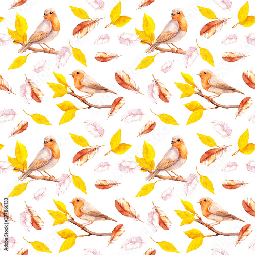 Papel de parede Yellow leaves on autumn branches with birds, falling feathers
