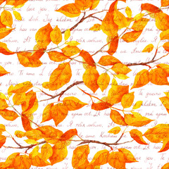 Wall Mural - watercolor autumn leaves, abstract branches. seamless pattern with i love you hand written notes in 