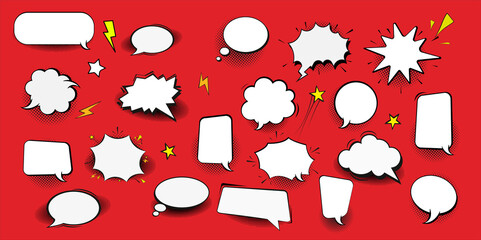 Aufkleber - speech bubble pop art,comic book. Empty comic bubbles and elements set with black halftone shadows on transparent background. vector illustration