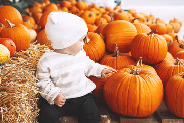 child picking pumpkins at pumpkin patch.