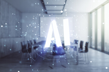 Poster - Abstract virtual artificial Intelligence symbol hologram on a modern conference room background. Multiexposure