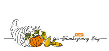Thanksgiving Day Line Art Background With Horn Of Plenty, Cornucopia And Vegetables. Simple Vector Web Banner. One Continuous Line Drawing With Lettering Happy Thanksgiving Day.