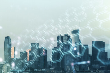 Poster - Double exposure of abstract virtual technology hologram with hexagon on Los Angeles city skyscrapers background. Research and development software concept