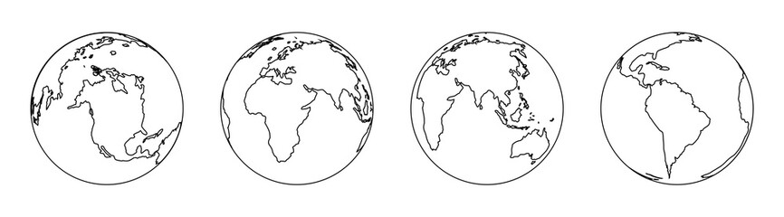 world in line style. outline earth icons. simple globes with countries. black planet on white backgr
