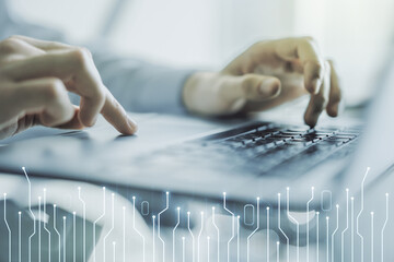 Poster - Creative abstract micro chip hologram and hands typing on computer keyboard on background, artificial intelligence and machine learning concept. Multi exposure