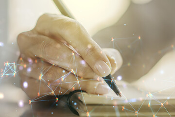 Aufkleber - Creative concept of wireless technology and woman hand writing in notebook on background. Big data and database concept. Multiexposure