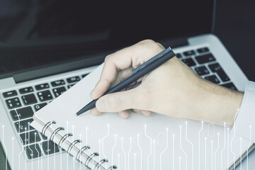 Poster - Creative abstract micro chip hologram and hand writing in diary on background with laptop, artificial intelligence and machine learning concept. Multi exposure