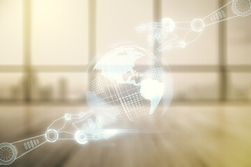 Aufkleber - Double exposure of abstract virtual robotics technology with world map hologram on empty modern office background. Research and development software concept