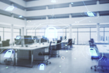 Aufkleber - Double exposure of virtual creative lock hologram with chip on modern corporate office background. Information security concept