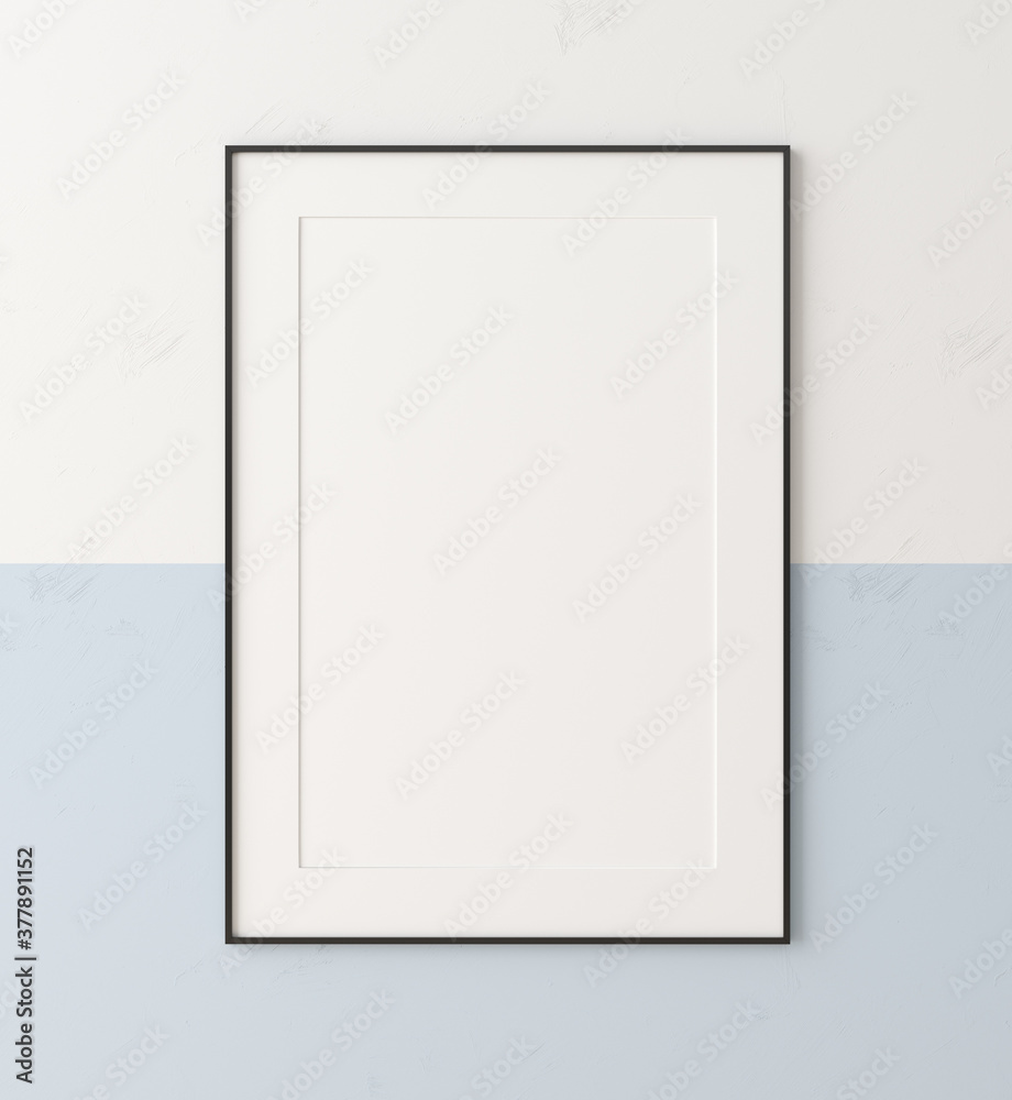 Mockup poster frame close up on wall painted white and pastel blue color, 3d render - obrazy, fototapety, plakaty 