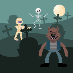 Wall Mural - Halloween mummy skull and werewolf cartoons vector design