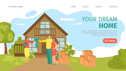 Dream home website landing vector illustration. Real estate landing page. Buying, rent house. Find dream home, investment property web page template. House with fence, garden for ramily.