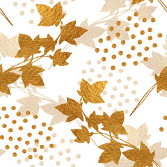 Wall Mural - Gold seamless pattern with ivy leaves and polka dots. Hand drawn style. Autumn background.