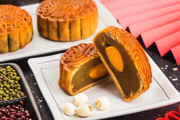 Poster - Mid-Autumn Festival concept, Traditional mooncakes on table  with teacup.