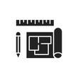 House plan black glyph icon. A set of construction or working drawings. Define all the specifications of a house. Pictogram for web page, mobile app, promo. UI UX GUI design element.