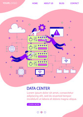 Poster - Data Centre web template with stacked computers being attended to by software or hardware technicians, colored vector illustration