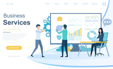 Poster - business services and consultancy concept with a group of advisers working on analytical graphs and 