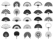 Handheld Fan. Black Silhouettes Of Chinese, Japanese Paper Folding Hand Fans, Traditional Asian Decoration And Souvenir Vector Isolated Set. Chinese Fan Black Silhouette Illustration, Asian Souvenir