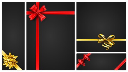 Sticker - Gift voucher, banner template with golden and red bows. Vector banner and voucher with colored bow, invitation and present poster