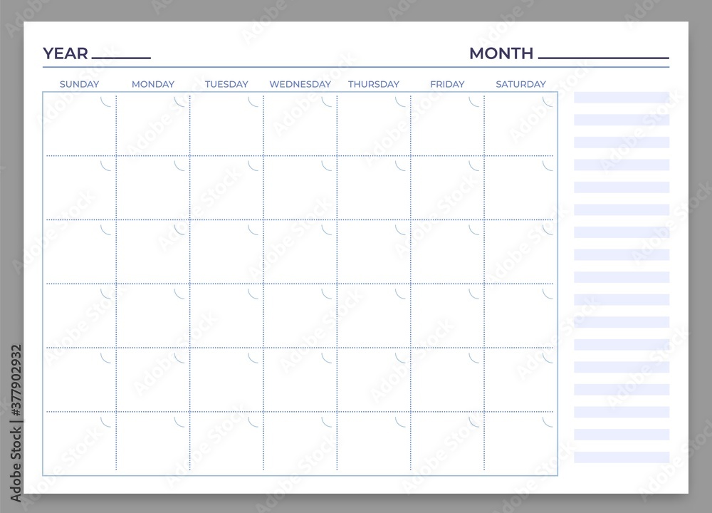 Monthly planner template. Vector month and week plan, calendar daily, time weekly stationery print to work illustration - obrazy, fototapety, plakaty 