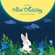 © MySunShine - Happy Mid Autumn Festival. Banner with hares and full moon, hand drawn lettering. Card with rabbits, clouds, flowers, leaves, asian night landscape. Vector illustration
