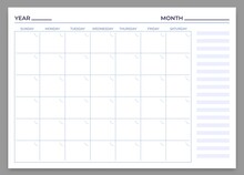 Monthly Planner Template. Vector Month And Week Plan, Calendar Daily, Time Weekly Stationery Print To Work Illustration