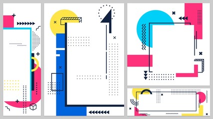 Wall Mural - Memphis banners cover art line, 80s and 90s banner poster, modern design geometric shape, abstract graphic hipster trendy, vector illustration