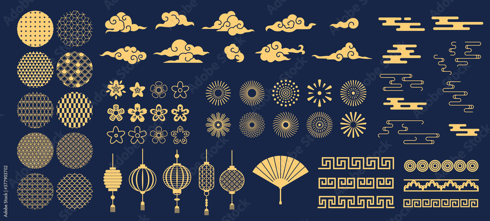 Chinese elements. Asian new year gold decorative patterns and lanterns, flowers, clouds and ornaments traditional oriental style vector set. Asian chinese oriental elements to holiday illustration - obrazy, fototapety, plakaty 