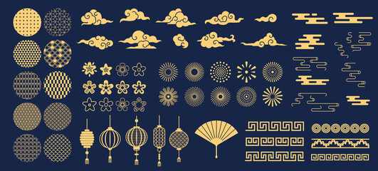 chinese elements. asian new year gold decorative patterns and lanterns, flowers, clouds and ornament