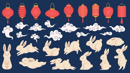 mid autumn rabbits. chinese and vietnamese traditional festival elements in oriental style with lant