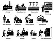 Production manufacturing process from factory, supplier, distributor, and to retailer icons set. Vector illustrations of manufacturer workers, operations, delivery, and after sales service.