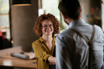 businesswoman and businessman discussing work in office. two friends handshake in office.