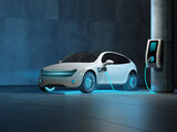Fototapeta Przestrzenne - A futuristic electric car is connected to a charging station in the underground parking of the business center. 3d render.
