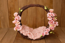 Newborn Digital Background Spring Flowers Basket Prop For Newborn. For Boys And Girls. Wood Back. Shoot Set Up With Prop Bed And Wood Backdrop