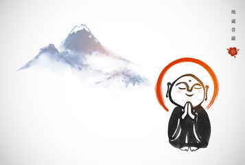 Wall Mural - Ink painting of praying japanese boddhisattva Jizo and blue mountains. Traditional Japanese ink wash painting of Buddha sumi-e. Translation of hieroglyphs - boddhisattva Jizo