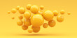 Many spheres falling on a yellow background. 3d render.