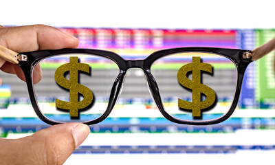 dollar money sign in glasses, dollar symbol and glasses for business finance online concept, make money and online business work concept